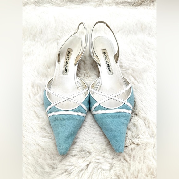 RARE Manolo Blahnik light blue pony hair leather lace-up slingback heels 37 US 7 - Picture 4 of 12